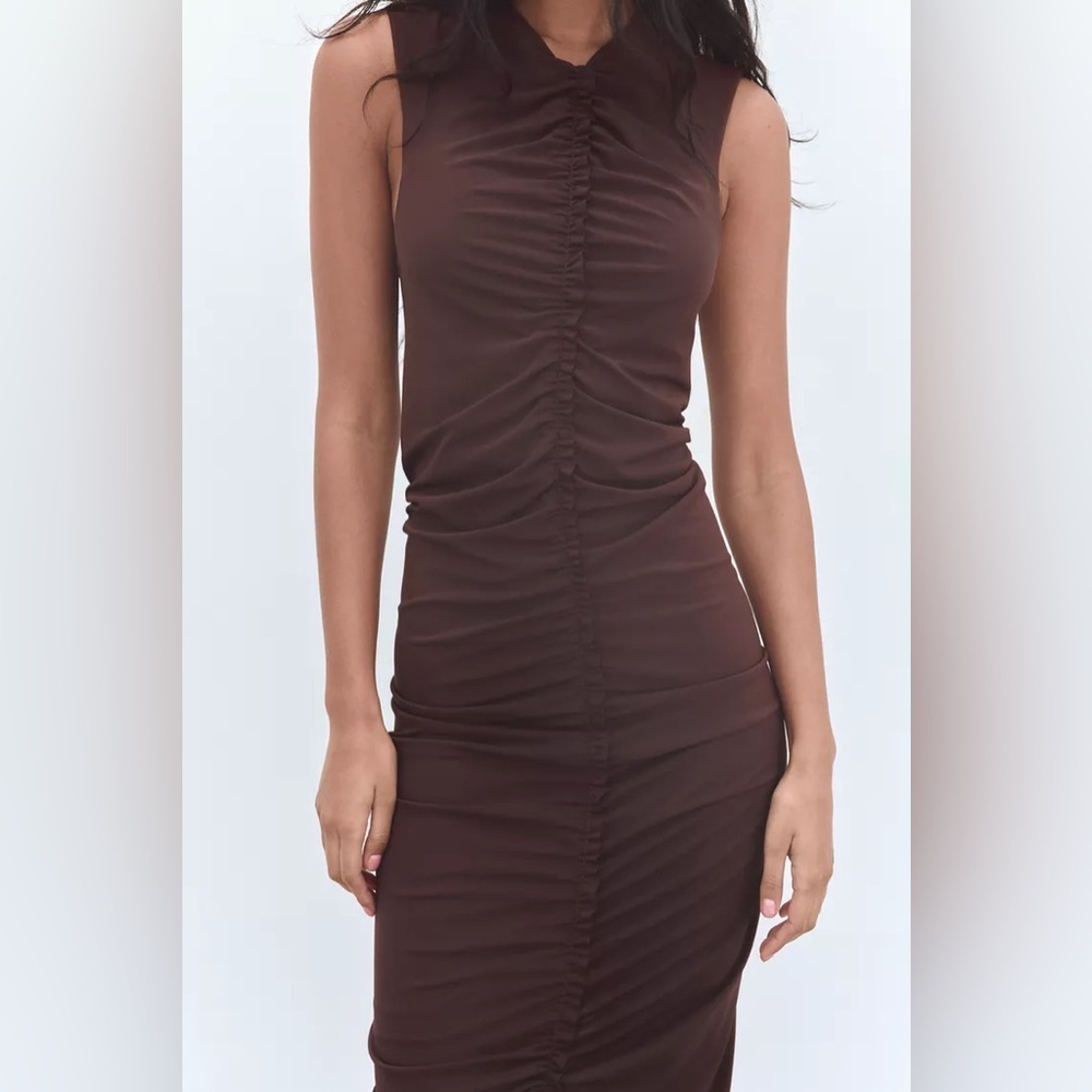 Zara long brown fitted dress midi bodycon evening cocktail casual - Picture 5 of 12